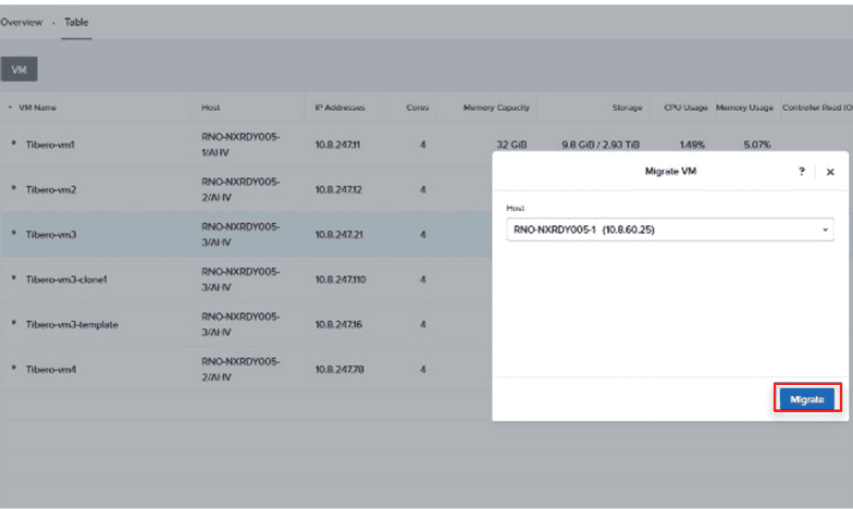 그림 38 Nutanix VM Cluster 간 Migration 수행화면